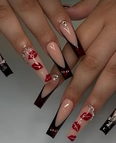 Glamorous Long Nails - New Year 2024: 17 Stylish Ideas to Shine Red And Black Medium Nails, Dark Red Acrylic Nails Coffin, Red Nails With Initials, Y2k Red Nails, Red And Black Nails Acrylic, Black And Red Acrylic Nails, Red And Black Acrylic Nails, Gangsta Nails, Red Bottom Acrylic Nails