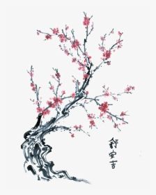 a painting of a tree with red flowers on it's branches and chinese writing in the background