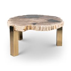 a coffee table made out of wood with metal legs and a round wooden slab on top