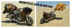 two pictures of an old motorcycle in the desert, one with dead plants on it