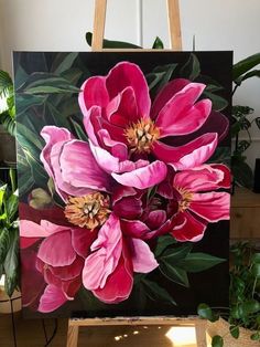 a painting of pink flowers on a black background with greenery in the back ground