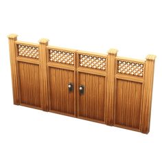 a wooden wall with three doors and two knobs on each side, in front of a white background