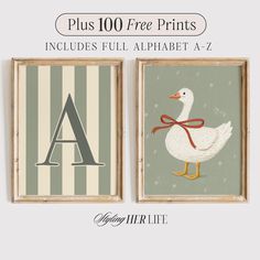 two framed pictures with the letter a and a duck