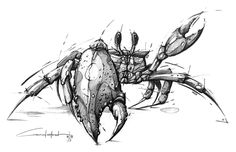 a black and white drawing of a crab on the beach with water drops coming out of its claws