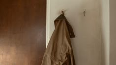 a coat hanging on the wall next to a wooden door with a hook in it