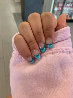 French Tips For Kids, Cute Teal Nails, Teal Nails Short, Teal French Tips, Teal French Tip Nails, Fun French Tip Nails, Short Beach Nails, Preppy Summer Nails, Summer Nails French Tip