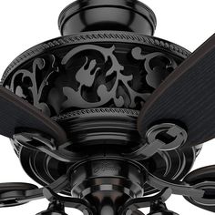 a black ceiling fan with three dark blades