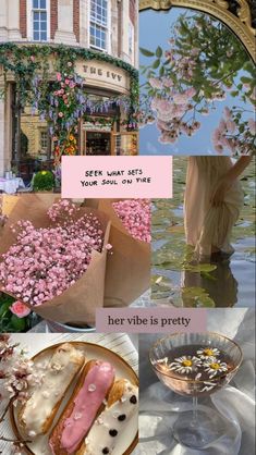 there is a collage with pink flowers and food