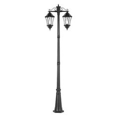 a black lamp post with two lights on top and one light attached to it's side