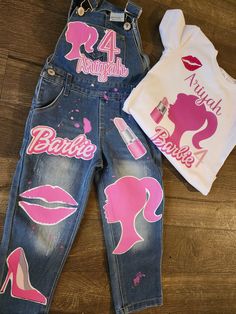 Custom overalls and long shirt Painted Denim Overalls, Birthday Overalls, Barbie Overalls, 90s Airbrush Outfits Overalls, Overalls For Kids, Hand Painted Denim Overalls, Diy Overalls, Painted Overalls, Custom Jeans Diy