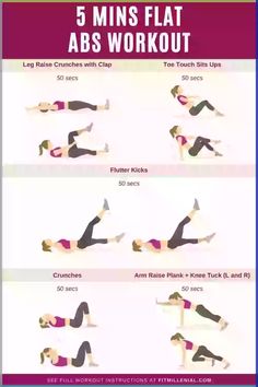 the 5 mins flat abs workout is shown in three different positions and includes exercises to help