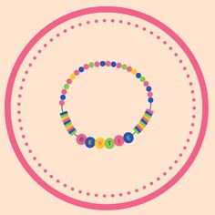 a colorful beaded bracelet with the word love spelled in small letters on a pink circle