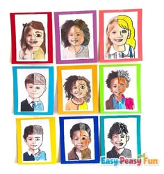 a group of children's faces drawn on colored paper