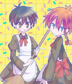 two anime characters sitting next to each other in front of a tiled wall with confetti on it