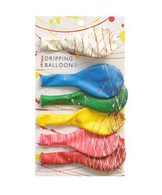 four different colored balloons are in the package