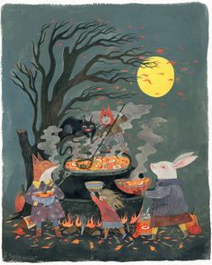 an image of halloween scene with rabbits and witches cooking food on the grill at night