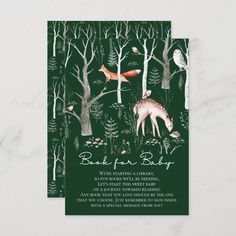 the woodland deer baby shower is shown in dark green and features an illustration of trees, mushrooms