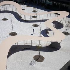 an aerial view of a person walking in the middle of a courtyard with trees and benches