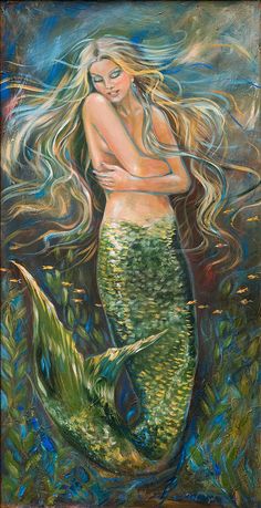 a painting of a mermaid with long blonde hair and her tail curled up, standing in the water