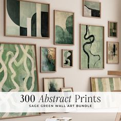 an assortment of abstract prints are displayed on the wall