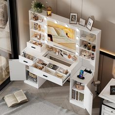 a white desk with drawers and lights on it in a room next to a window