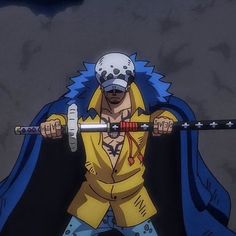 an anime character holding two swords in one hand and wearing a yellow outfit on the other