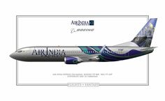 an air india airplane is shown on a white background with blue and green lettering that reads,