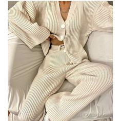 Autumn And Winter New Casual Sweater Knitted Cardigan Pants Two-Piece Set For Women Winter Beige Cotton Set, Cozy Loungewear Sets For Fall, Cozy Lounging Sets For Fall, Casual Ribbed Sets For Fall, Fall Cotton Loungewear Sets, Knit Long Sleeve Sets For Spring, Casual Cream Sets For Spring, Fall Cotton Lounging Sets, Cotton Lounging Sets For Fall