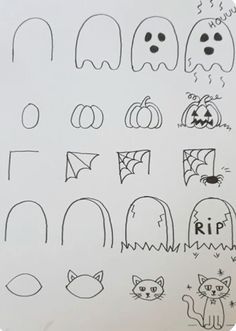 a sheet of paper that has some drawings on it with ghost and pumpkins in the background