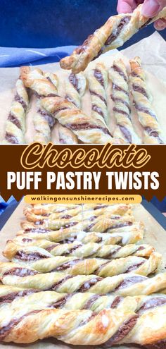 You only need a few ingredients to make these Chocolate Puff Pastry Twists. This yummy dessert recipe is filled with a sweetened chocolate cream cheese mixture rolled up in flaky puff pastry. Pin this easy dessert idea! Chocolate Puff Pastry, Pastry Twists, Puff Pastry Twists, Chocolate Puff