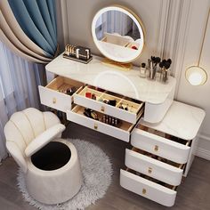 a white vanity with drawers, mirror and stool