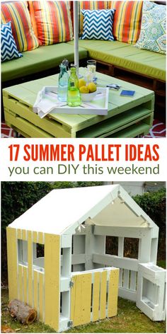 an outdoor table made out of pallets with the words 17 summer pallet ideas you can diy this weekend