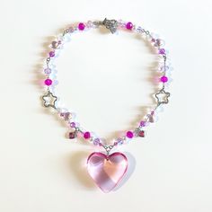 Large pink heart pendant beaded necklace with flower hardware, heart charms, and crystal beads, designed by me <3 Coquette Diy, Pink Heart Pendant, Pink Heart Necklace, Diy Bracelet Designs, Heart Candy, Diy Bracelet, Jewelry Inspo, Pink Candy, Chicago Il