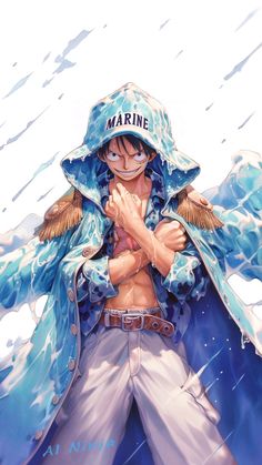 an anime character wearing a blue coat and white pants with his hands folded in front of him