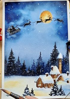 a painting of santa's sleigh in the sky