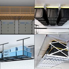 four different images of garage storage systems and overhead lighting in various stages of installation, including the ceiling