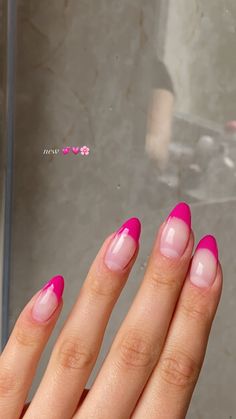 Pink french tip almond shaped nails Fuschia Nails French Tip, Dark Pink French Tip Nails Coffin, Raspberry French Tip Nails, Magenta Nails French Tips, Dark Pink Tip Nails, Magenta French Nails, Fuschia French Tip Nails, Magenta French Tip Nails, Dark Pink French Tip Nails