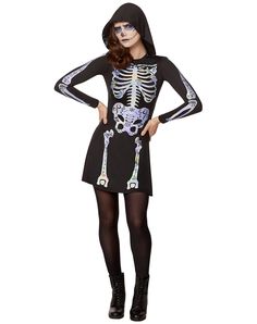 a woman wearing a skeleton costume