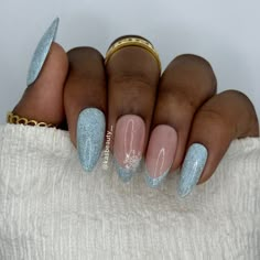 Baby Blue Nails With Snowflakes, Icy Gel Nails, Snowflake Blue Nails, Blue Christmas Nails 2023, Christmas Nails Acrylic Blue, Light Blue Sparkle French Tip Nails, Blue Icy Nails, Blue Glitter Christmas Nails, Winter Nails Light Blue