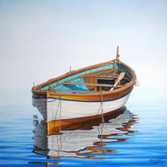 a painting of a boat in the water with no one on it's side