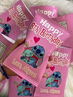 pink birthday cards with cartoon characters on them