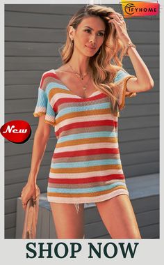 Multi-color Striped Ruffle Short Sleeve Knit Top Multicolor Stretch Knit Top For Summer, Multicolor Knit Top For Summer, Striped Summer Beach Sweater, Striped Beach Sweater For Summer, Striped Knit Tops For Vacation, Striped Casual Summer Sweater, Multicolor Short Sleeve Sweater, Casual Multicolor Stretch Knit Top, Casual Multicolor Beach Sweater