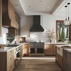 a kitchen with wooden cabinets and an oven