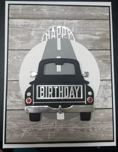 a happy birthday card with an old car on the front and bottom, which says happy birthday