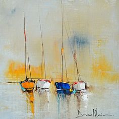 three small sailboats floating in the water on a foggy day with yellow and blue colors