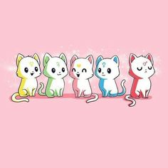 five cats are lined up in a row on a pink background