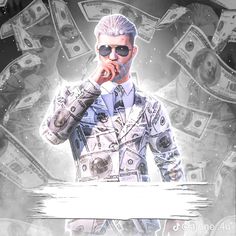 a man with sunglasses on standing in front of a lot of money and holding his hand to his mouth