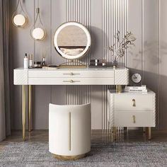 a dressing table with a mirror and stool