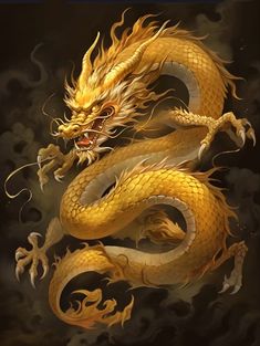 a golden dragon is flying through the air with its mouth open and it's tail curled