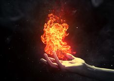 a person holding out their hand with fire in the air above it, on a dark background